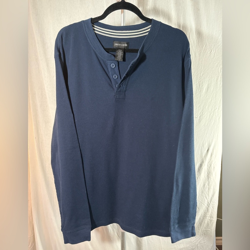 Pierre Cardin Blue Henley Long Sleeve Tee Waffle Knit